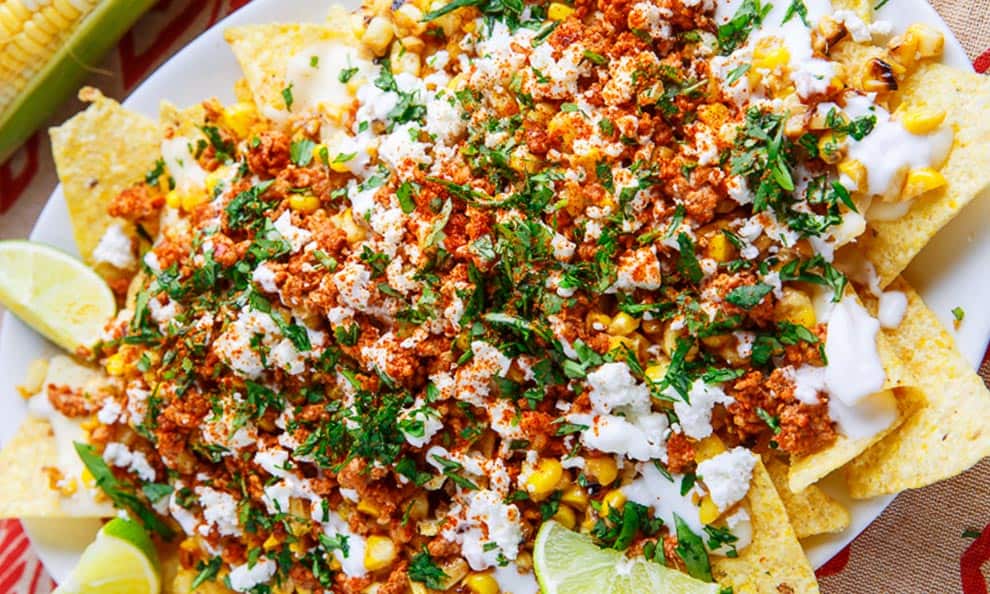 Plate of Mexican street corn nachos