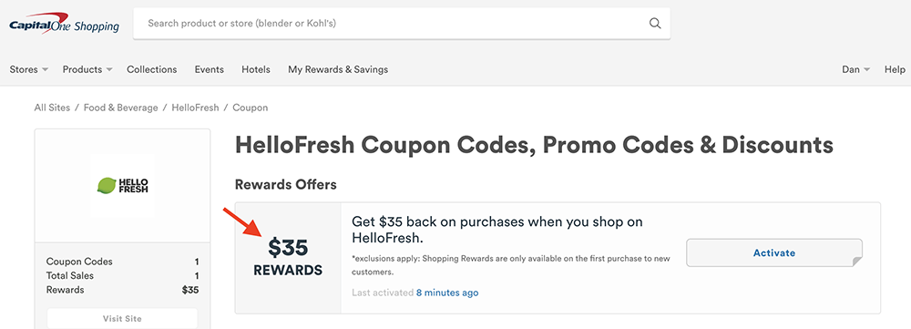 Capital One Shopping HelloFresh Cash Back