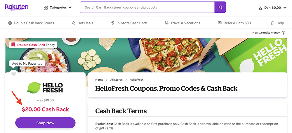 Rakuten HelloFresh Cash Back