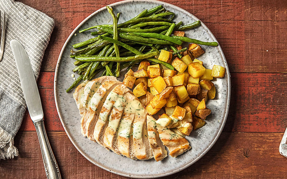 Creamy Dill Chicken with Roasted Potatoes and Green Beans