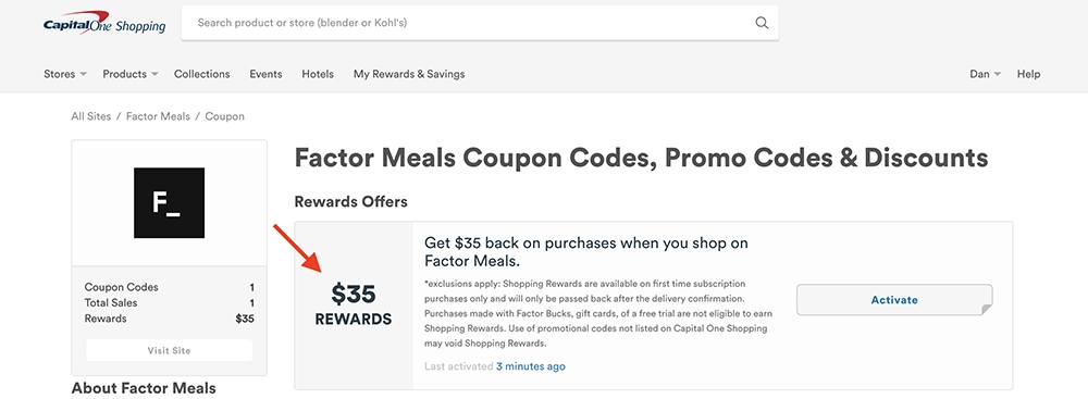 Capital One Shopping - Factor Meals $35 Cash Back (As Of March 2023)