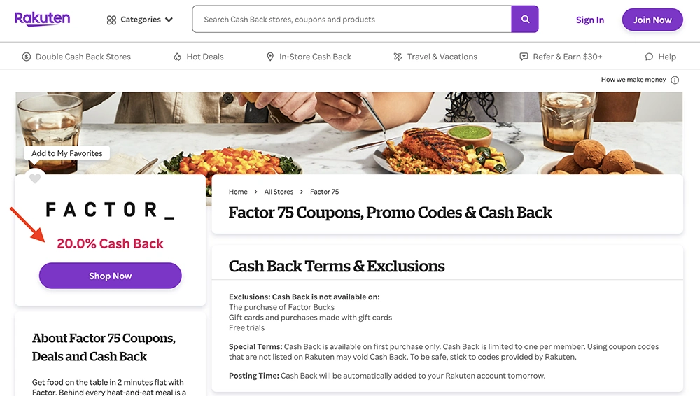 Rakuten - Factor Meals 20% Cash Back (As Of March 2023)