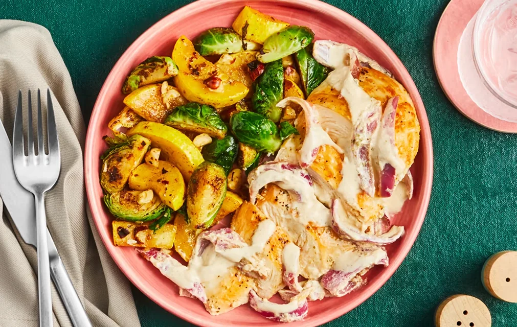 Green Chef Meal - Chicken With Creamy Lemon Sauce Sautéed Yellow Squash & Brussels Sprouts With Hazelnuts