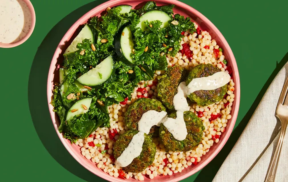 Green Chef Meal - Green Pea Fritters With Za’atar Tahini Red Pepper Couscous, Kale & Cucumber Salad