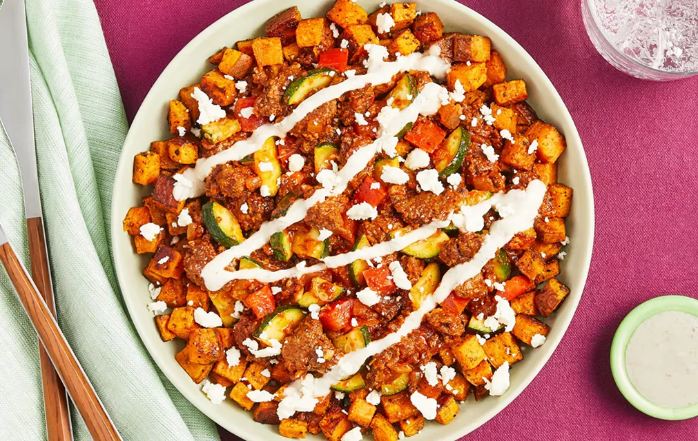 Green Chef Meal - Middle Eastern Beef & Sweet Potato Bowls Summer Squash, Tomato, Spiced Crema, Feta Cheese