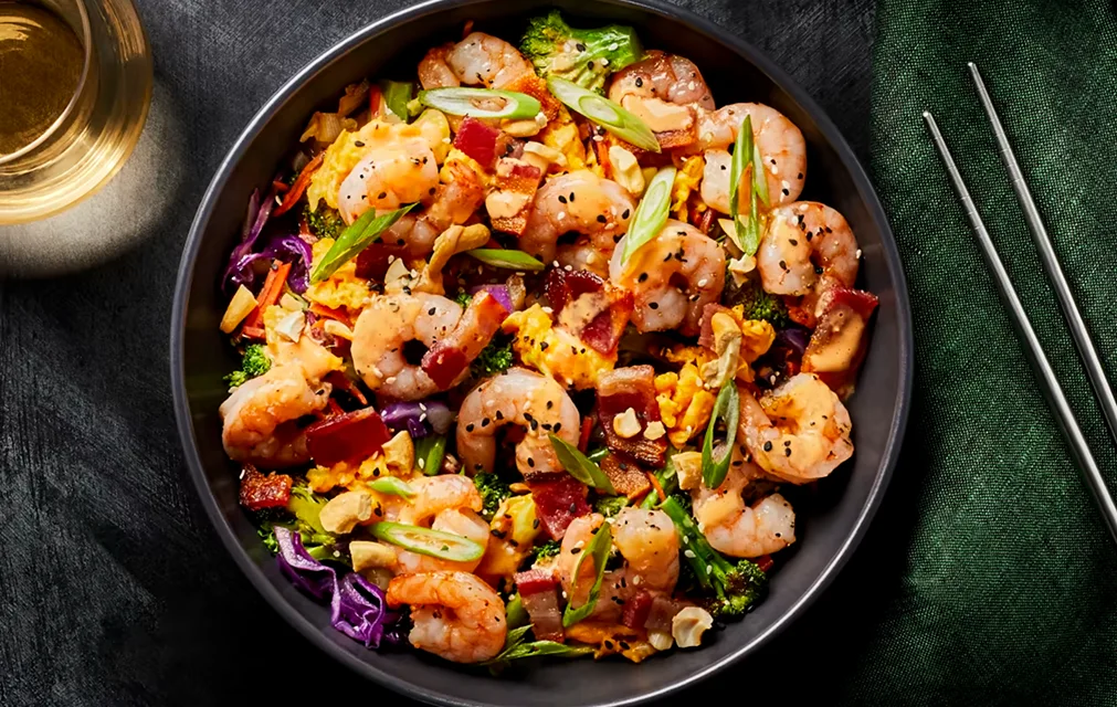 Green Chef Meal - Spicy Ginger-Lime Shrimp & Bacon Bowls Broccoli Stir-Fry, Scallion Scrambled Eggs, Cashews